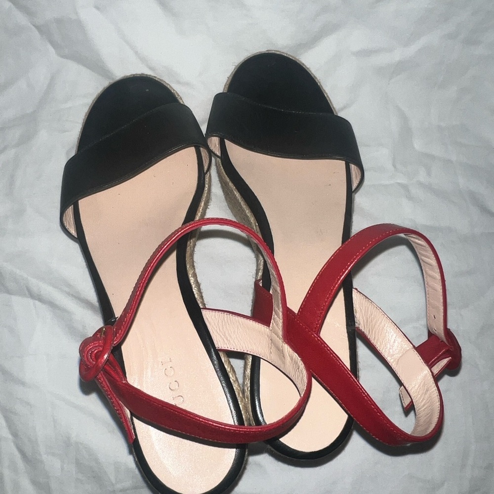 Gucci Black Leather and Red Snake-Accent Wedge Espadrilles - Picture 5 of 8